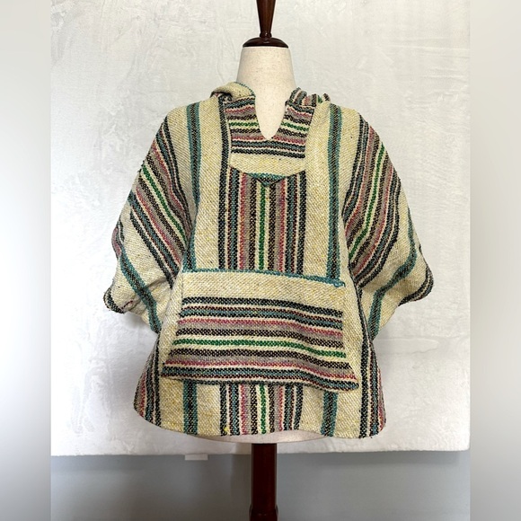 Mexican BAJA Joe Poncho Hoodie Cape 3/4 Sleeve Earth Multicolored Size Small - Picture 1 of 8